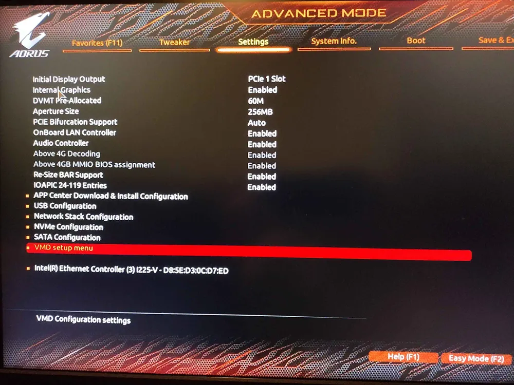 Aorus RST VMD BIOS menu