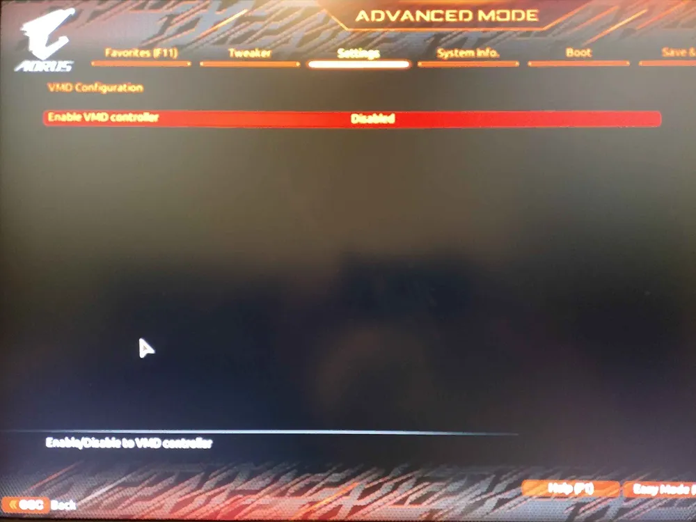 Aorus RST VMD BIOS menu