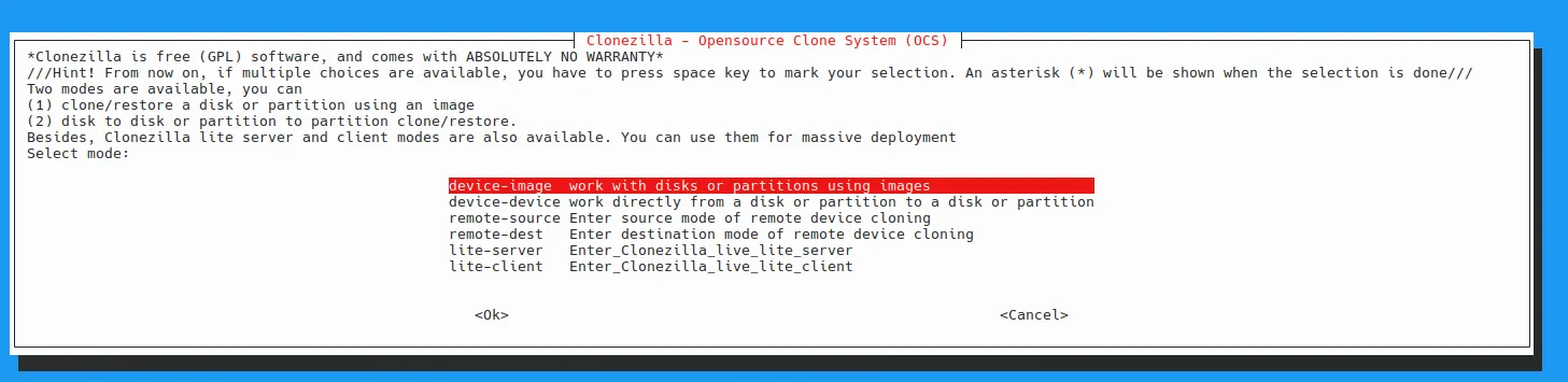 Clonezilla Main Menu