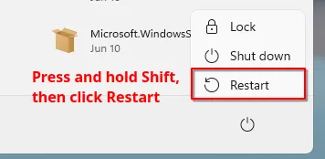 Start menu restart with shift